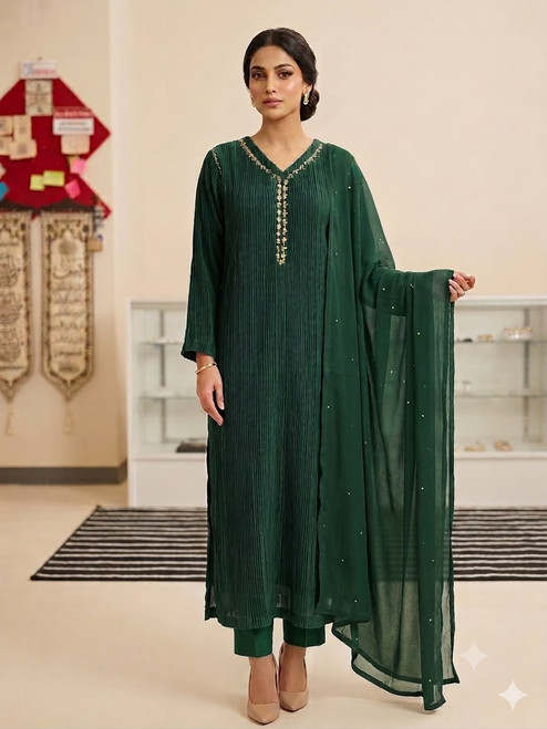 Elegant Bottle Green Crush Silk MEDIUM 38 3pc Kaftan CRK6