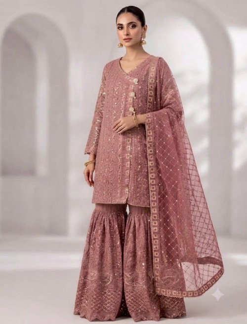 Tea Rose Angarkha Chikankari Wedding Gharara Set JC25TR