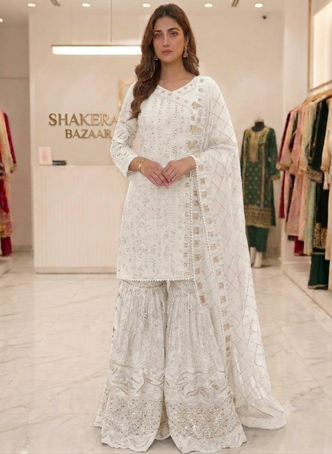 White Angarkha Chikankari Wedding Gharara Set JC25W