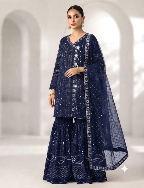 Navy Blue Angarkha Chikankari Wedding Gharara Set JC25NB