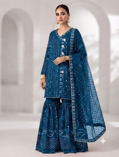 Teal Angarkha Chikankari Wedding Gharara Set JC25T