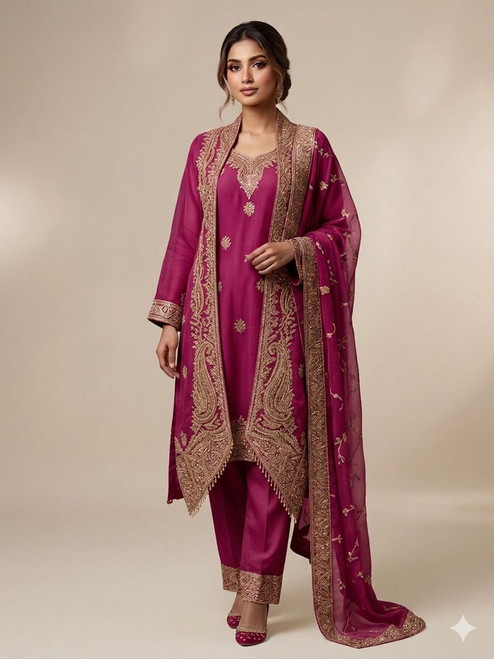 Elegant 4pc Blazer Style Chiffon Suit 4PC-MAGENTA