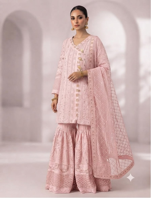 Tea Pink Angarkha Chikankari Wedding Gharara Set JC25TP