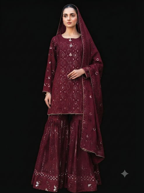 Burgundy Pure Chiffon Chikankari Sharara Bur01