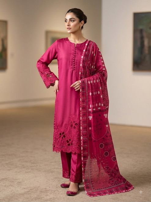 Raspberry 3pc Cutwork Silk Suit PCK1