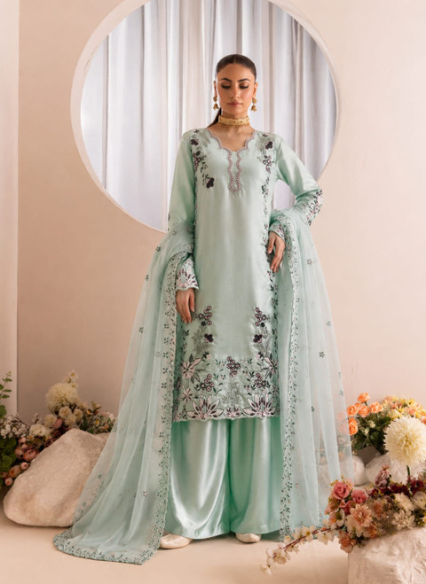 Mint 3pc Silk Embroidered  Suit SK28