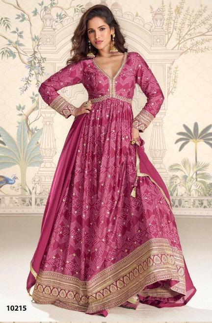 Hot Pink Chinon Silk Bandhani 2pc Gown 10215