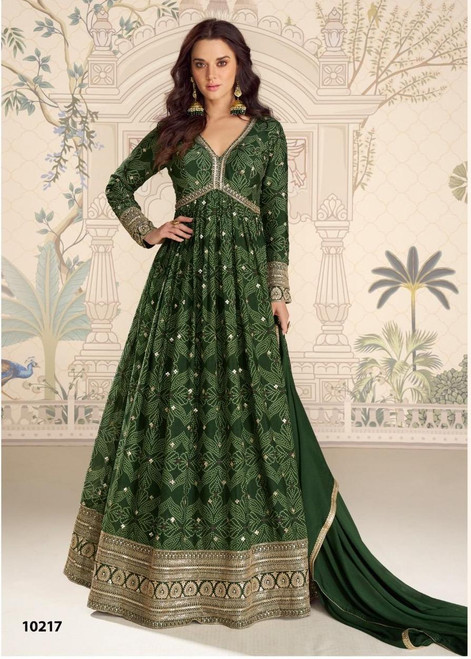 Bottle Green Chinon Silk Bandhani 2pc Gown 10217