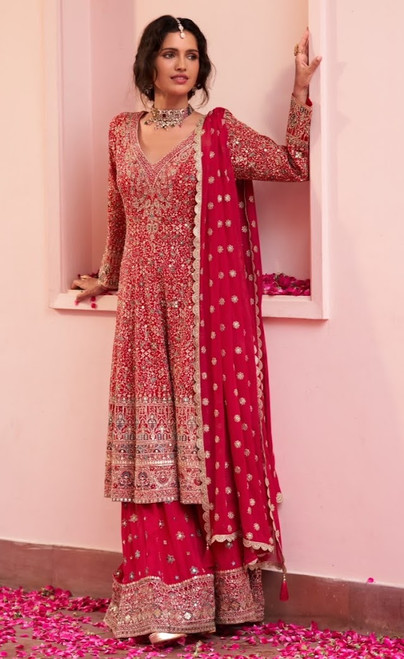 Fancy Red Heavily Embroidered Chiffon 3pc Suit 10231