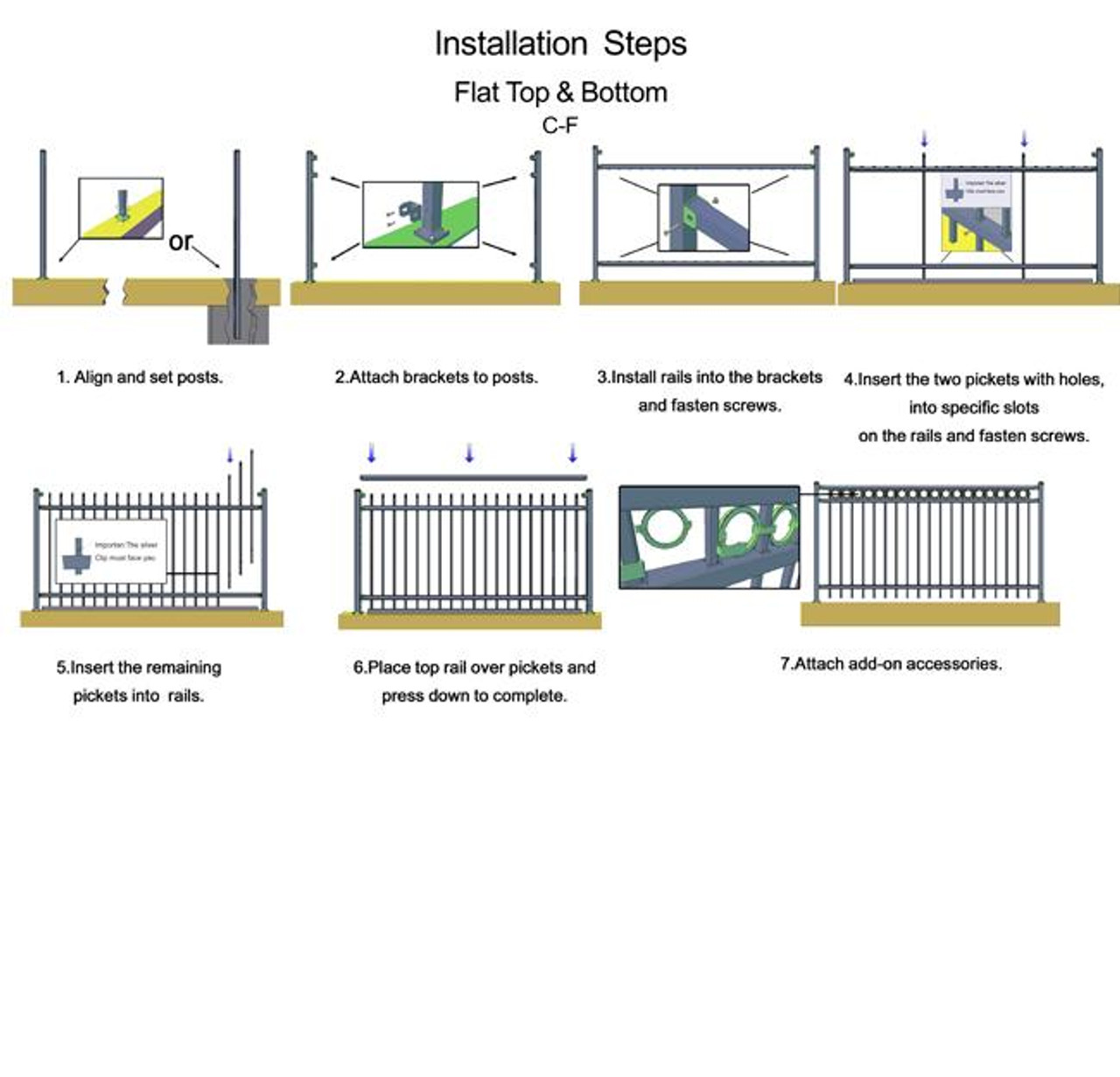 Steel Picket Fence Wrought Iron Style - PFF8000 - - 3 Rail Flat top with Rings - 8 ft Wide Panels unassembled kits.