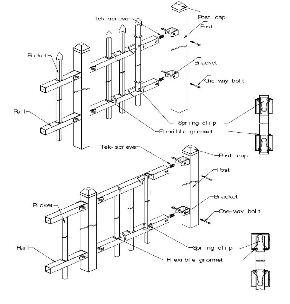 Steel Picket Fence Wrought Iron Style - 2 Rail,  4, 4.5, 5 & 6ft High x 8ft long  Flat top & bottom-PFF 3000 unassembled kits,  Posts not included