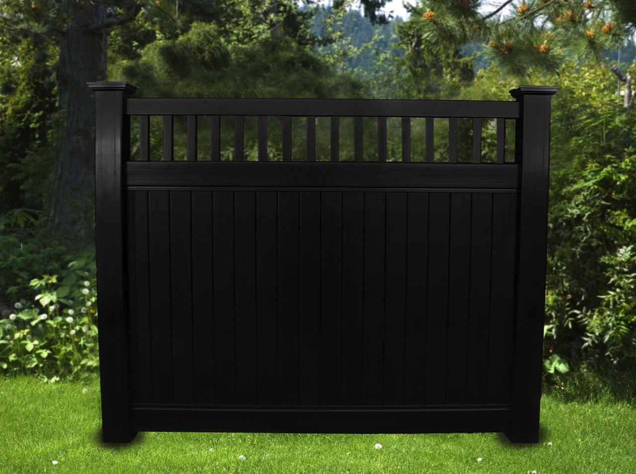 BLACK VINYL PRIVACY PICKET TOP FENCE 6 FT X 6 FT. Posts purchased seprately