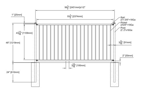 Steel Picket Fence Wrought Iron Style - 2 Rail,  4, 4.5, 5 & 6ft High x 8ft long  Flat top & bottom-PFF 3000 unassembled kits,  Posts not included