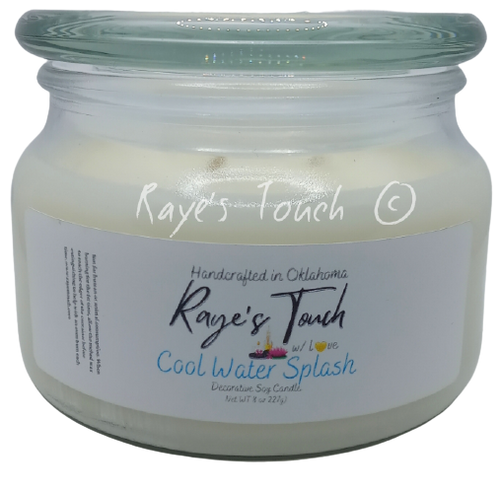 8 oz Raye's Touch original scent Cool Water Splash Soy Candle w/ Lid, Triple Wick