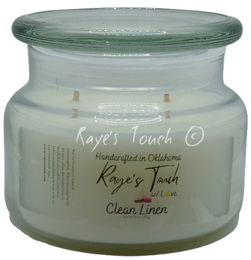 Raye's Touch original scent Clean Linen 2-Wick 10 oz Candle w/Lid