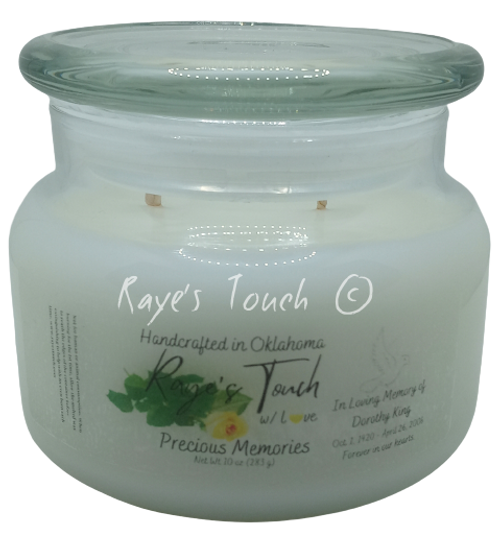 Raye's Touch original scent Precious Memories 2 Wick 10 oz Candle w/ Lid & custom label