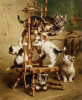 Kittens Playing On A Spinning Wheel By Carl Reichert