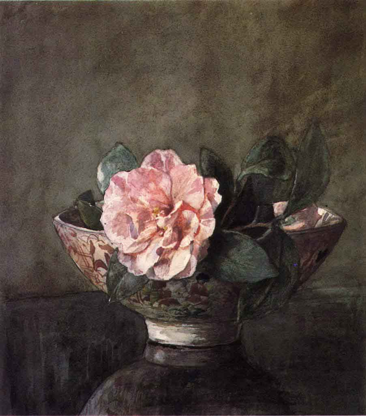 Camellia In Old Chinese Vase On Black Lacquer Table By John La Farge