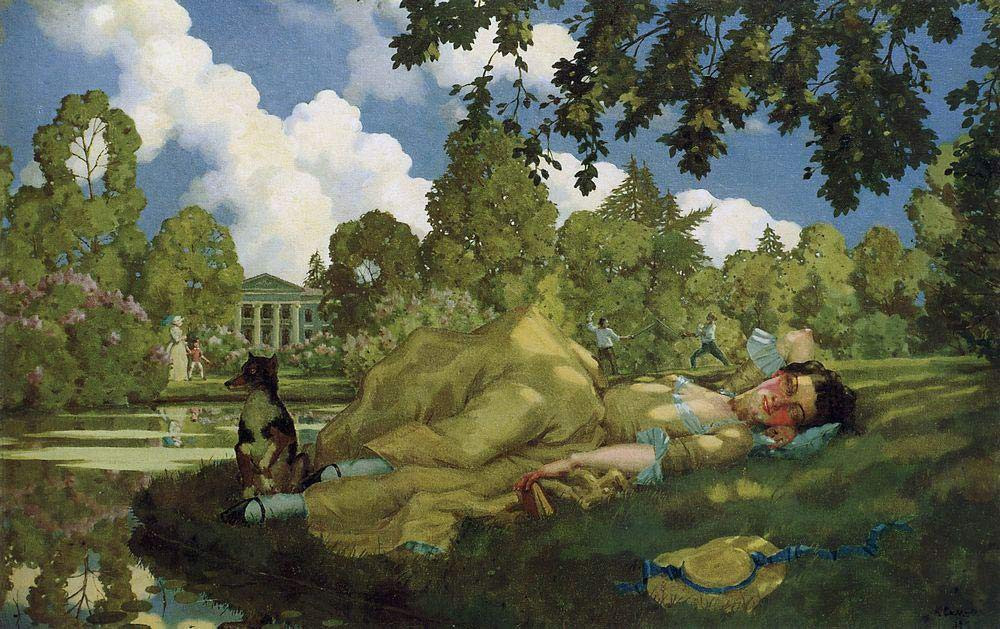 Delvaux、The Sleeping Town、希少画集画、新品額付 Sleeping Young Woman In Park By Konstantin Somov Print or Oil