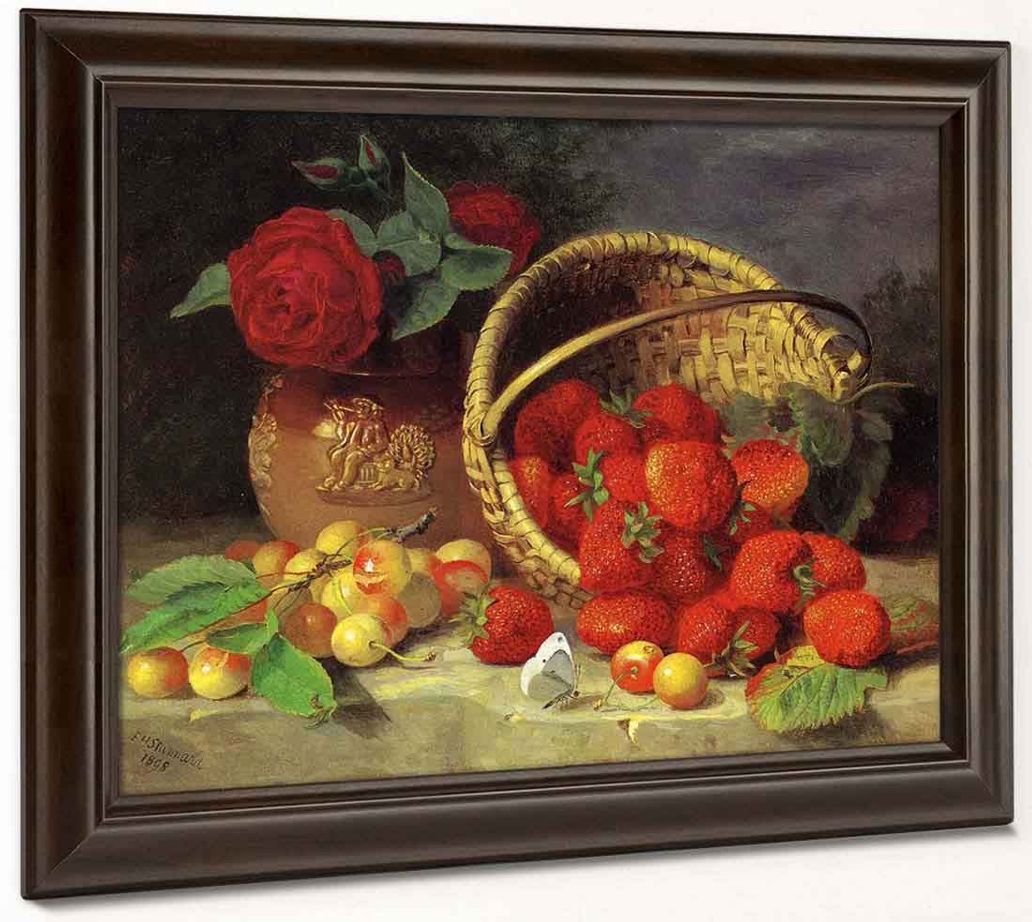 A Basket Of Strawberries Cherries A Butterfly And Red Roses In A