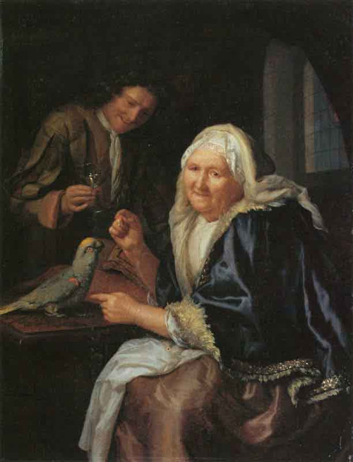 Old Woman With Cavalier And Parrot By Godfried Schalcken