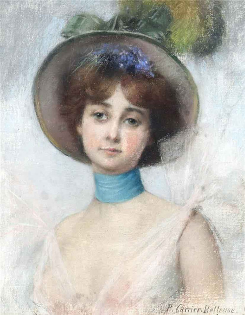 Portrait Of A Lady In A Spring Bonnet By Pierre Carrier Belleuse By Pierre Carrier Belleuse