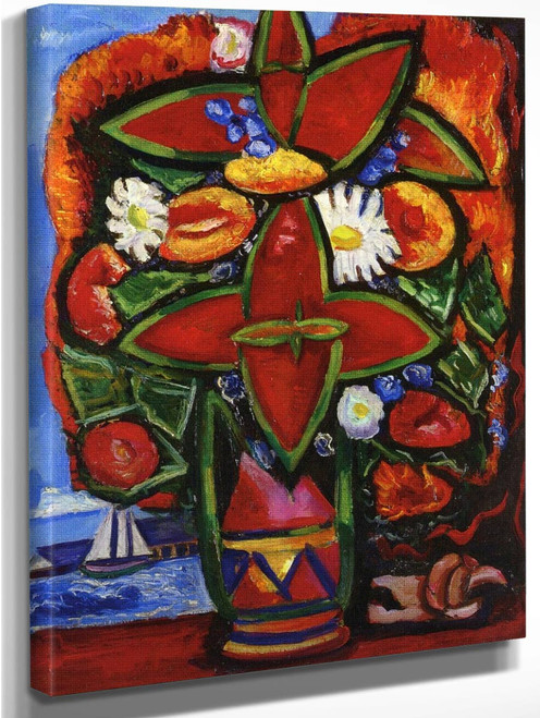 Red Flowers And Sailboat By Marsden Hartley