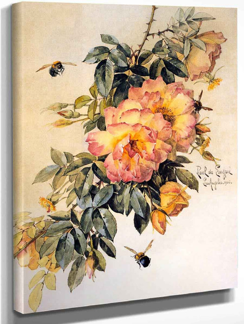Roses And Bumblebees By Raoul De Longpre By Raoul De Longpre