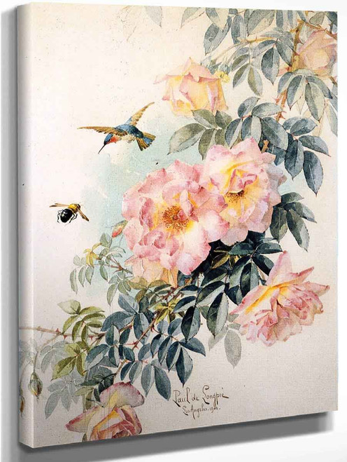 Roses With Hummingbird And Bumblebee By Raoul De Longpre By Raoul De Longpre
