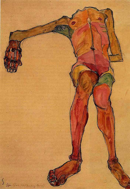 Seated Male Nude, Right Hand Outstretched By Egon Schiele