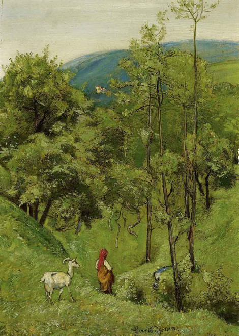 Shepherd Girl With A Goat In The Meadow Of Rolling Hills By Hans Thoma