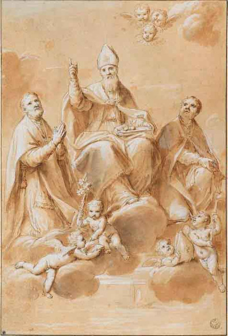 St Nicholas, Bishop Of Mira, On A Cloud Between Two Saints By Marcantonio Franceschini  By Marcantonio Franceschini