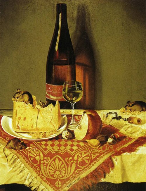 Still Life With Cheese, Bottle Of Wine And Mouse By William Aiken Walker Still Life With Cheese, Bottle Of Wine And Mouse By William Aiken Walker