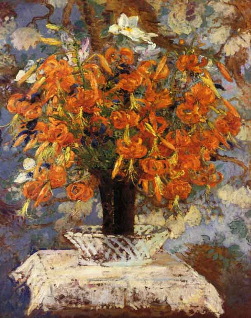 Still Life With Day Lilies In A Lattice Work Bowl By Jacques Emile Blanche By Jacques Emile Blanche