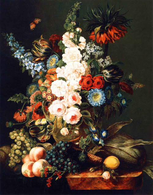 Still Life With Flowers, Fruit And Corn By Cornelius Krieghoff By Cornelius Krieghoff