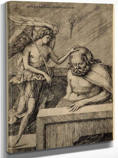 The Guardian Angel, Standing, Placing His Hand On The Head Of A Sleeping Man By Jacopo Barbari  By Jacopo Barbari