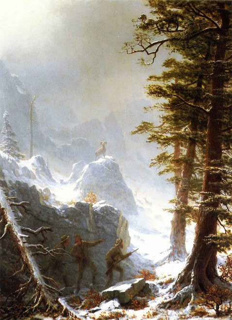 Three Hunters Stalking A Big Horn Sheep In A Snow Squall By Albert Bierstadt