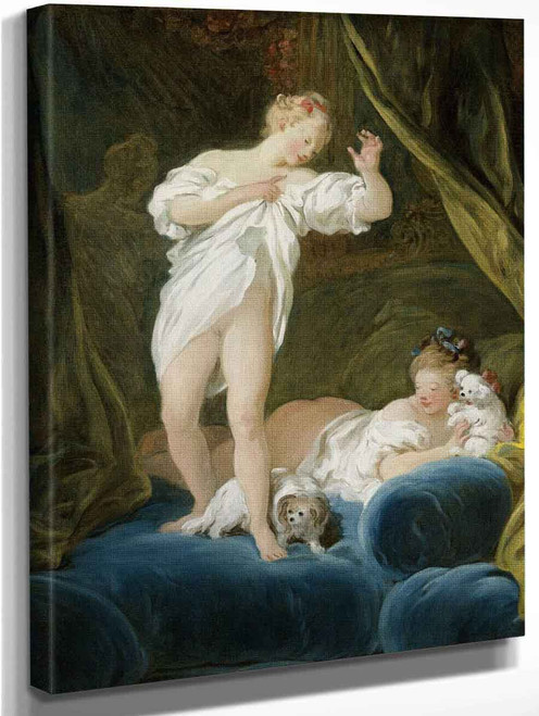 Two Girls On A Bed Playing With Their Dogs By Jean Honore Fragonard