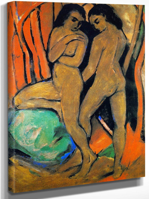 Two Standing Nudes With Green Rock By Franz Marc By Franz Marc