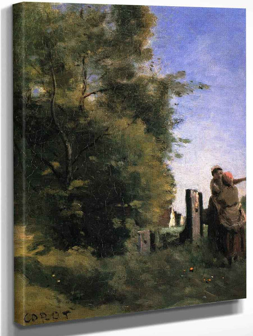 Two Women Talking By A Gate By Jean Baptiste Camille Corot