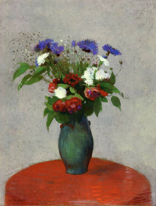 Vase Of Flowers On A Red Tablecloth By Odilon Redon
