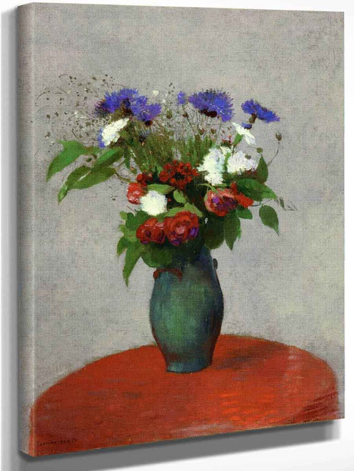 Vase Of Flowers On A Red Tablecloth By Odilon Redon