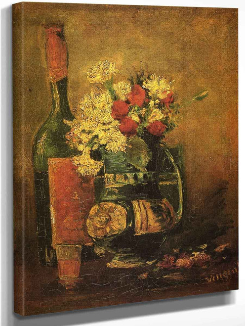 Vase With Carnations And Bottle By Jose Maria Velasco