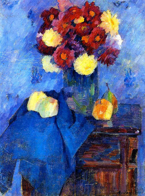 Vase With Dahlias On A Tall Boy By Alexei Jawlensky By Alexei Jawlensky