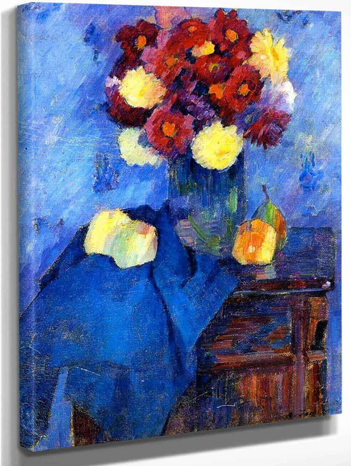 Vase With Dahlias On A Tall Boy By Alexei Jawlensky By Alexei Jawlensky