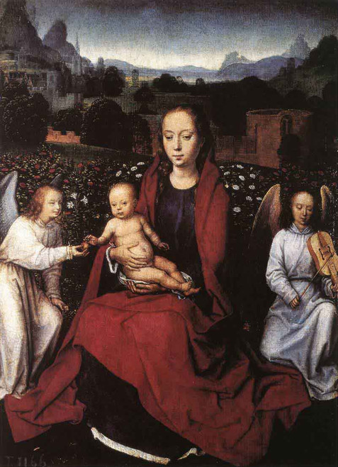 Virgin And Child In A Rose Garden With Two Angels By Hans Memling