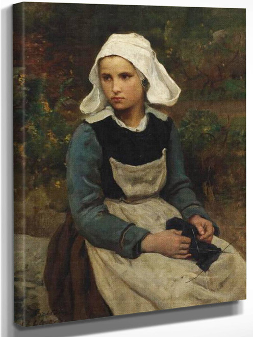 Young Brittany Girl Knitting By Jules Adolphe Breton