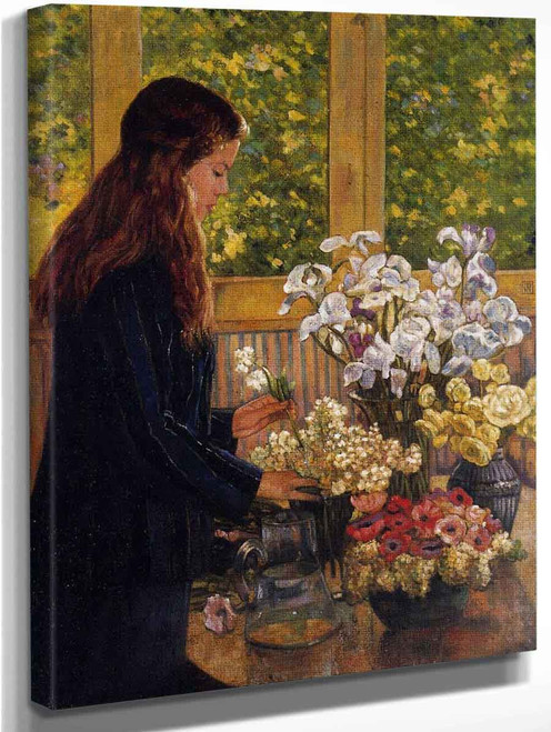 Young Girl With A Vase Of Flowers By Jose Maria Velasco