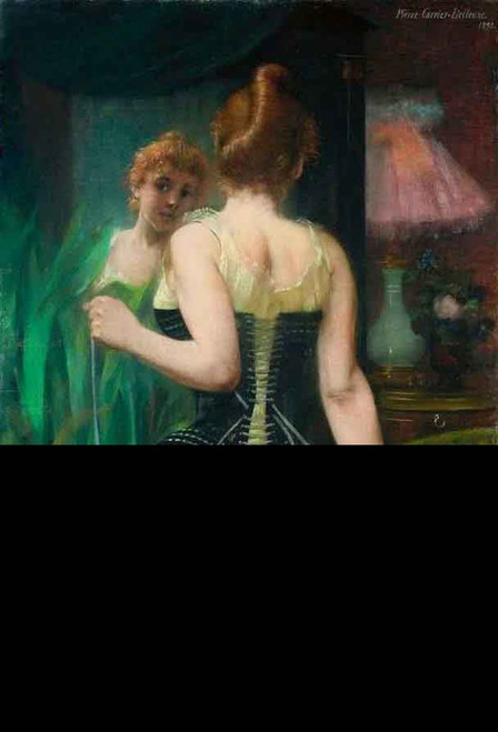 Young Woman Adjusting Her Corset Before Mirror By Pierre Carrier Belleuse By Pierre Carrier Belleuse