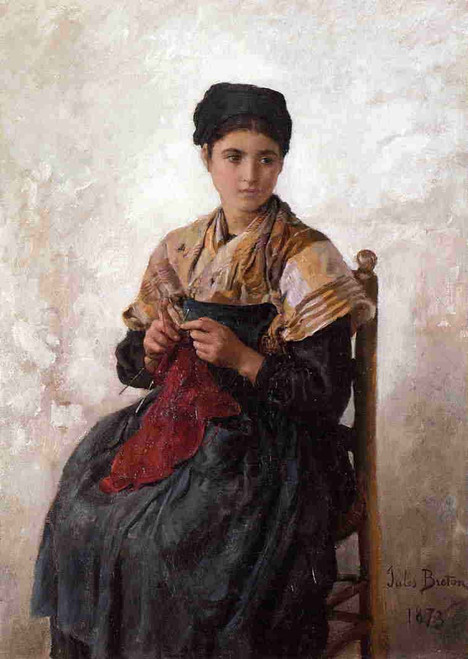 Young Woman Knitting By Jules Adolphe Breton